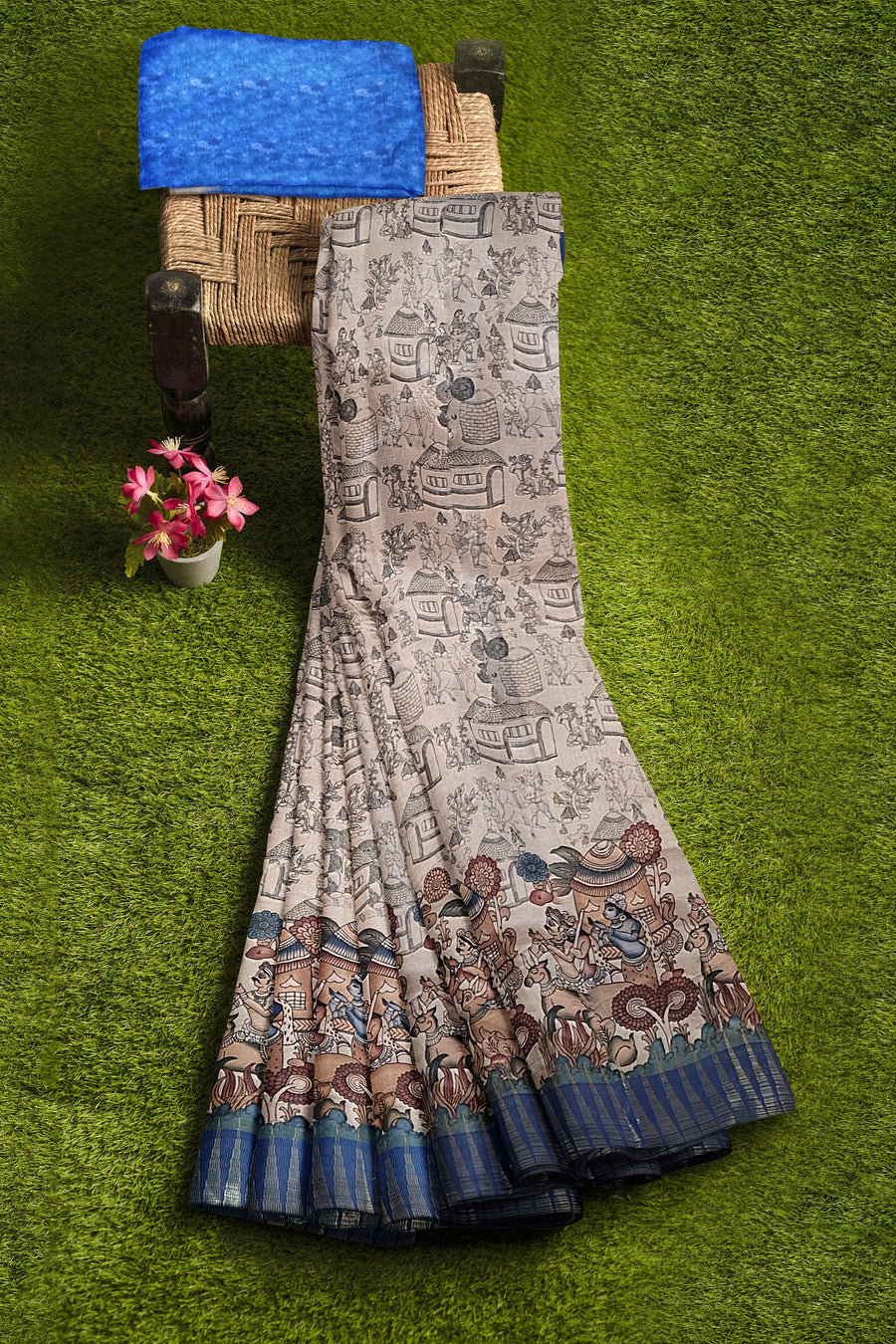 Manipuri Print Saree by Sarandhri Abhushit Slate Serenade x One Blouse