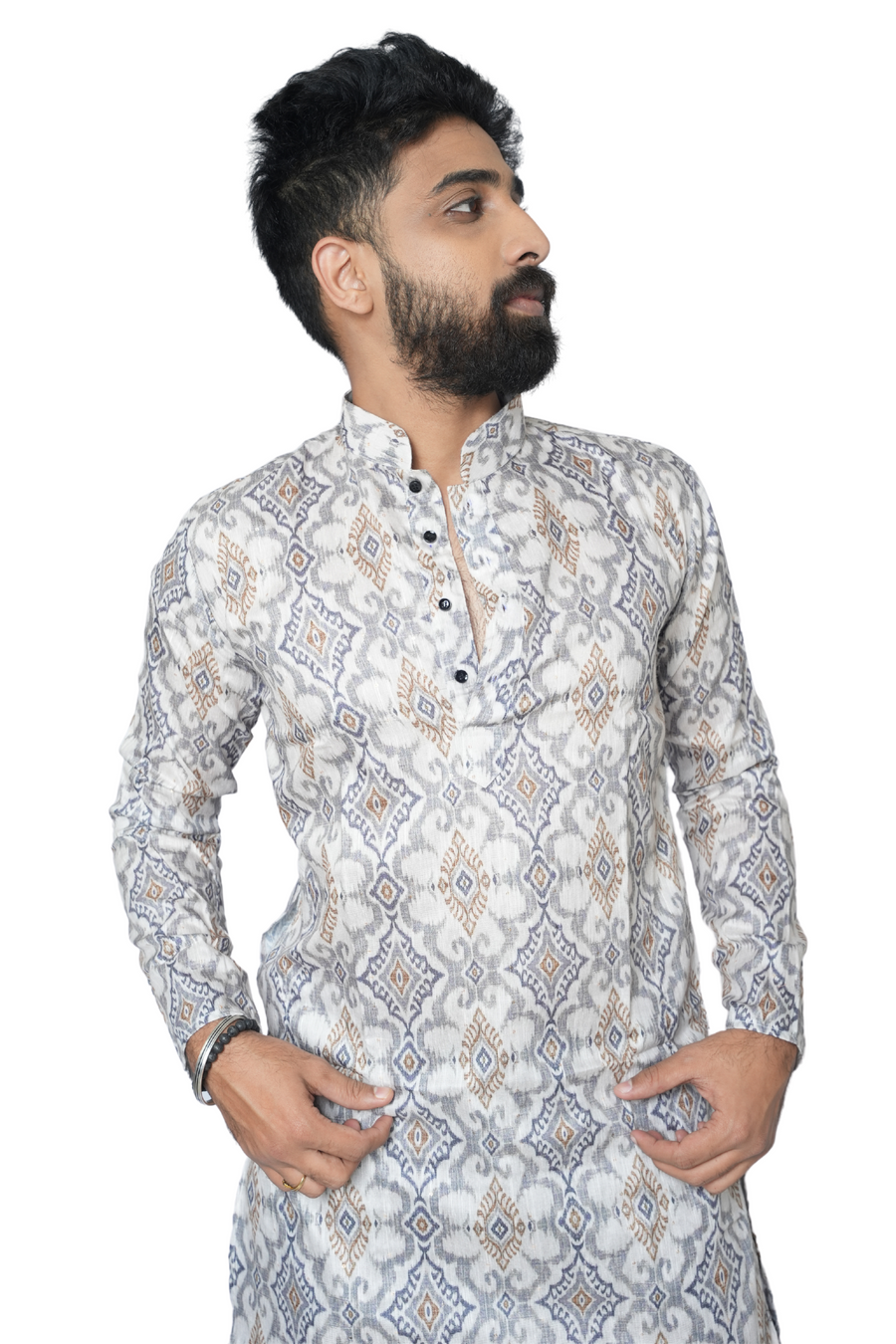 Cotton-Silk Digital White Printed Kurta Royal Tapestry