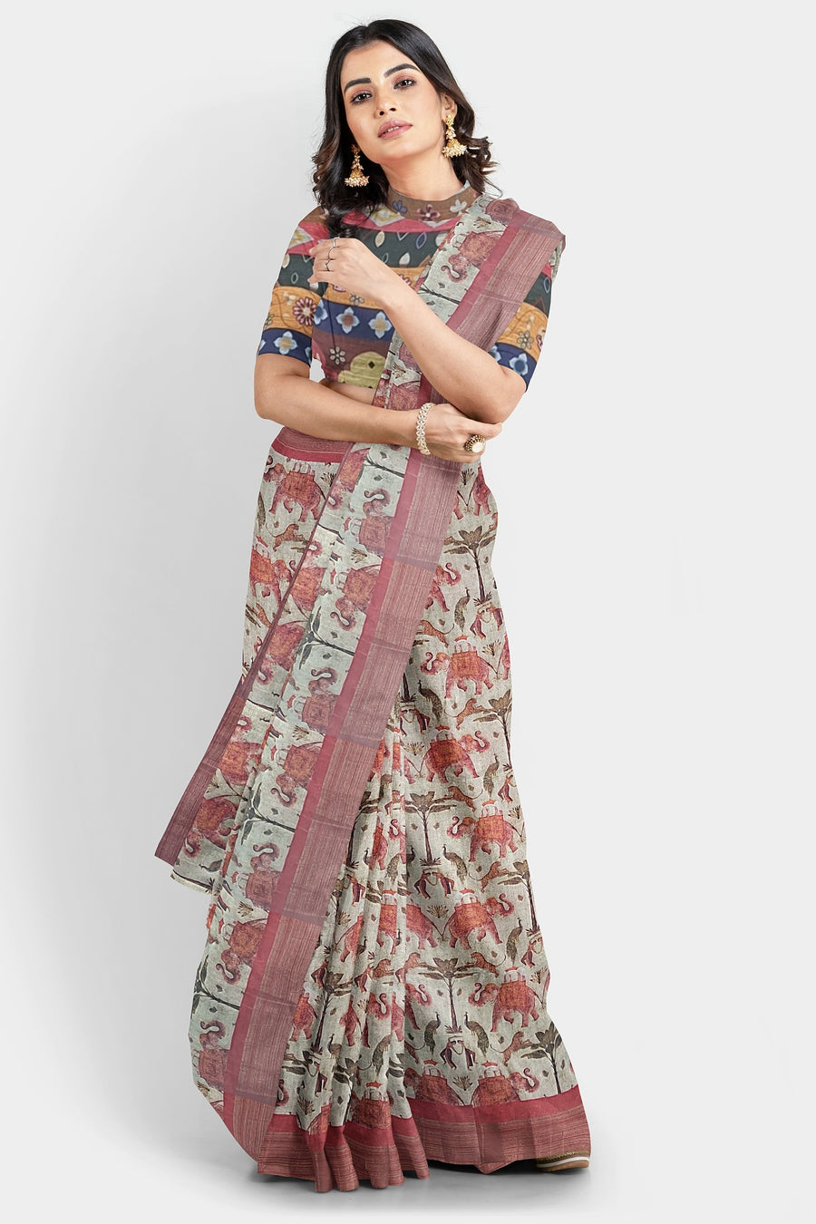 Kota Zari Silk Saree by Sarandhri Rasili Scarlet Stately Tuskers x 2 Blouses