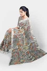 Linen Satin Saree by Sarandhri Siddhi Linen Satin Saree Drizzle Grey Sparkle x One Blouse