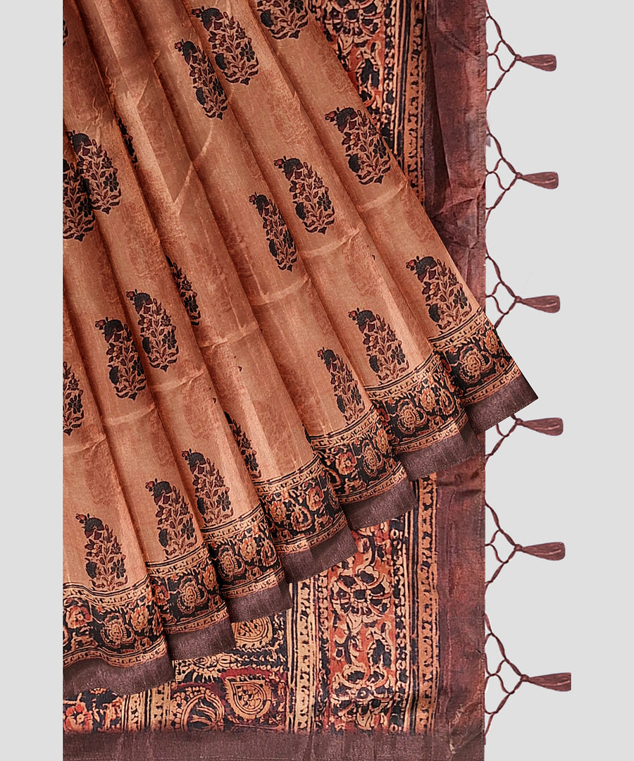 Silk Saree by Sarandhri Cosy Silk with Traditional Indian Print Majestic Mocha Melody x One Blouse