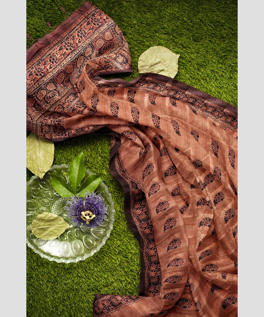Silk Saree by Sarandhri Cosy Silk with Traditional Indian Print Majestic Mocha Melody x One Blouse