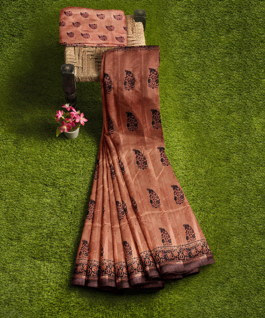 Silk Saree by Sarandhri Cosy Silk with Traditional Indian Print Majestic Mocha Melody x One Blouse