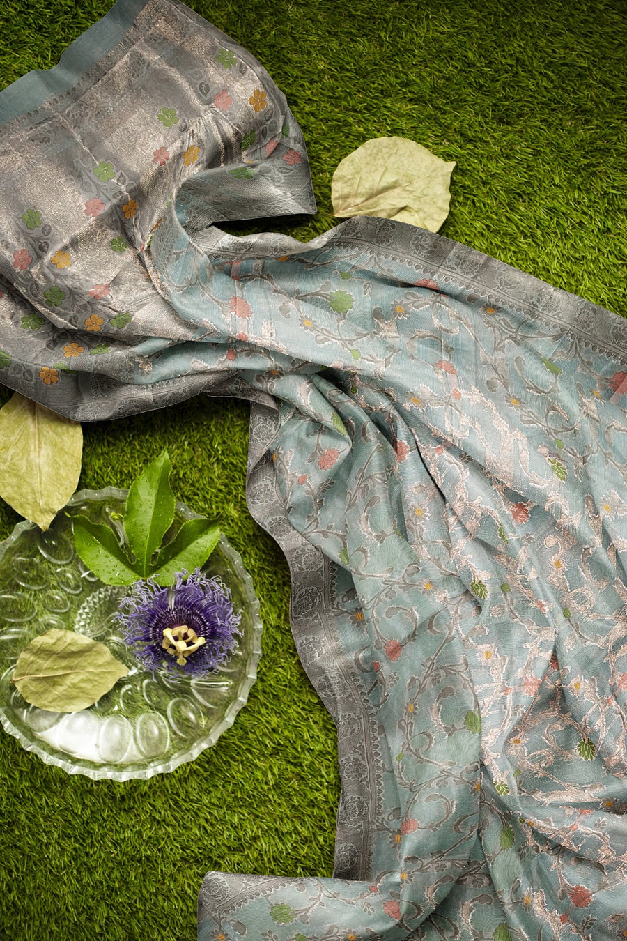 Organza Saree with Jacquard Border Shimmering Meadows x One Blouse