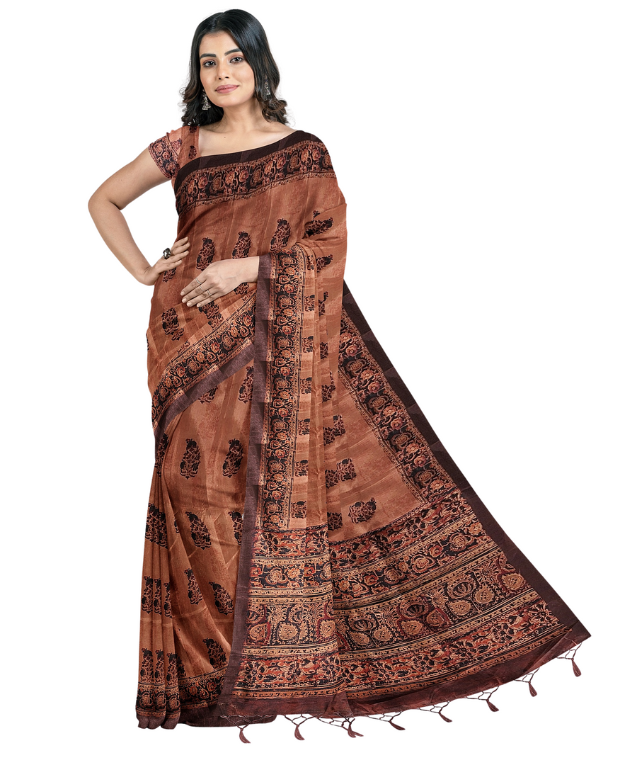 Silk Saree by Sarandhri Cosy Silk with Traditional Indian Print Majestic Mocha Melody x One Blouse